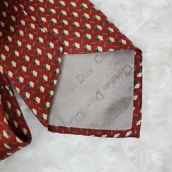 Christian Dior Silk Tie Burgundy Print - Picture 7 of 8